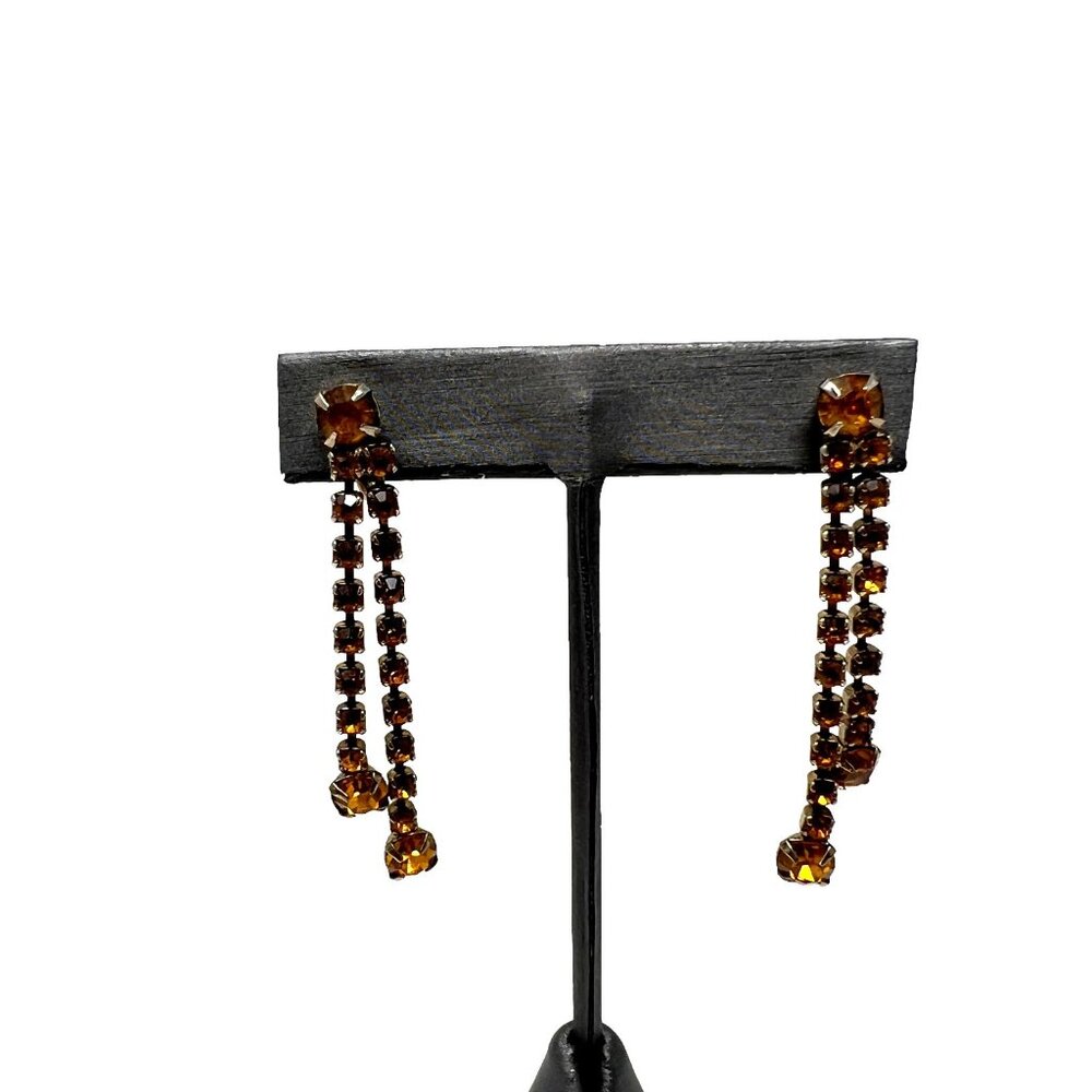 Vintage Screw Back Earrings Orange Gold Rhinestones Silver Tone Dangle‎ Drop